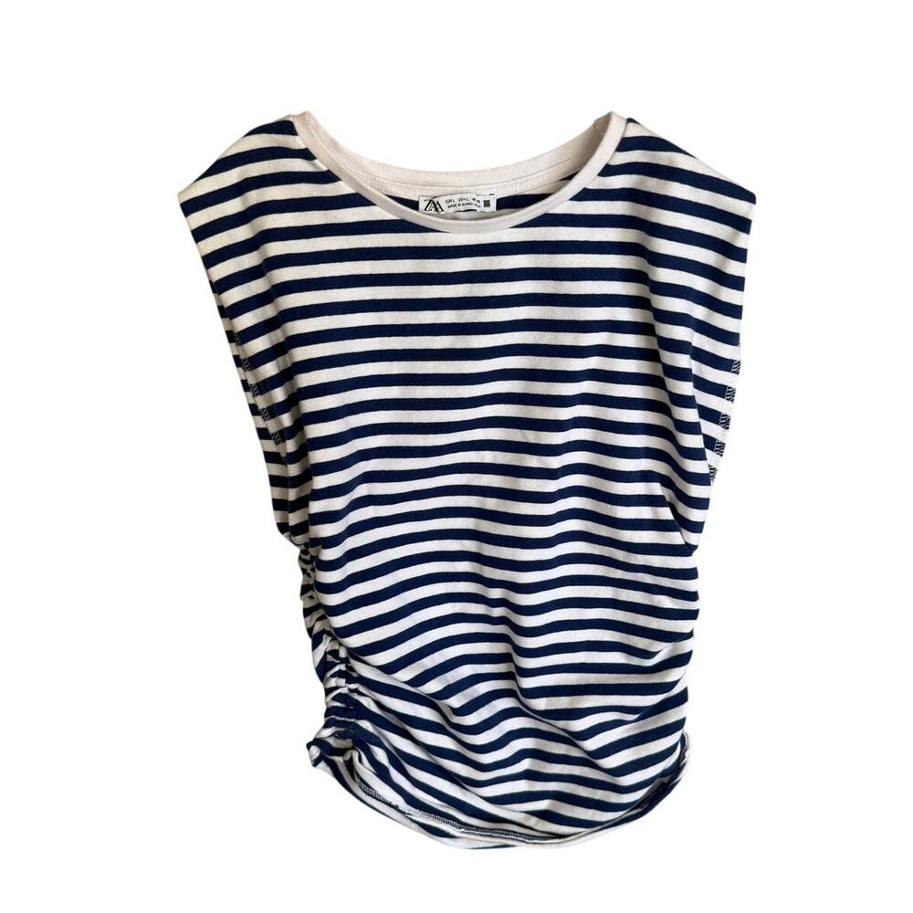 Zara Ruched Stripe Sleeveless Top Shirt Navy White Large